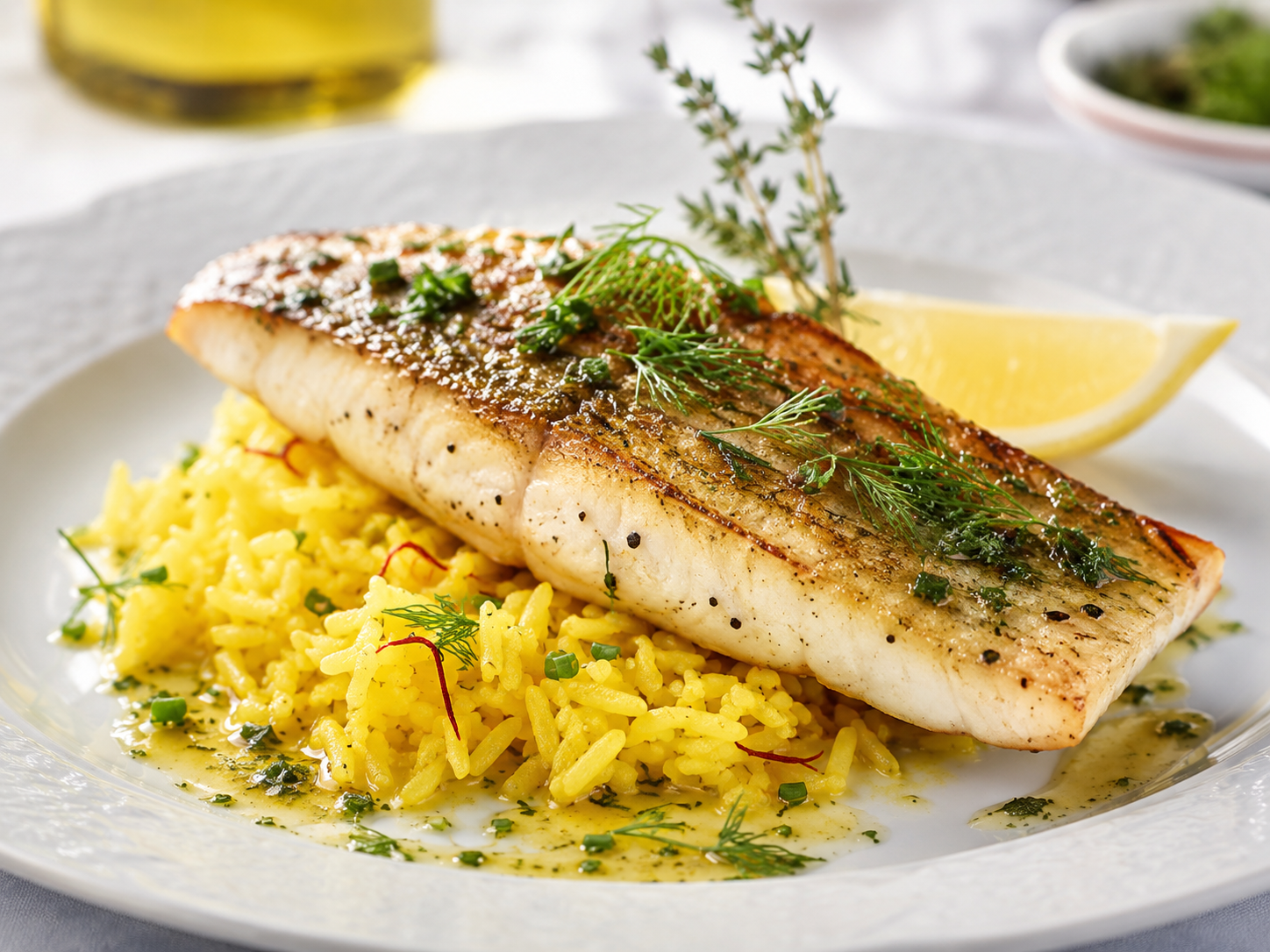 Golden fish fillet, saffron rice